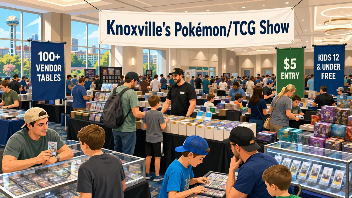 Knoxville's Pokémon/TCG Show in a busy convention hall, families browsing glass display cases of graded cards among 100-plus vendor tables.