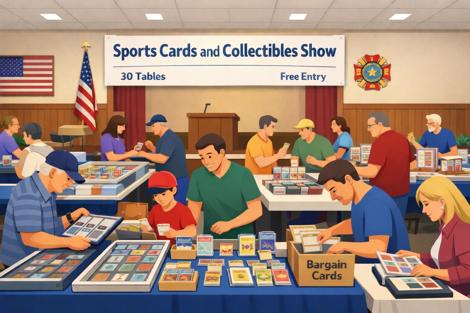 Sports Cards and Collectibles Show in Morris, Illinois, inside a local VFW hall with vendor tables, glass cases, sports card slabs, Pokémon cards, bargain boxes, and collectors browsing a relaxed community show.