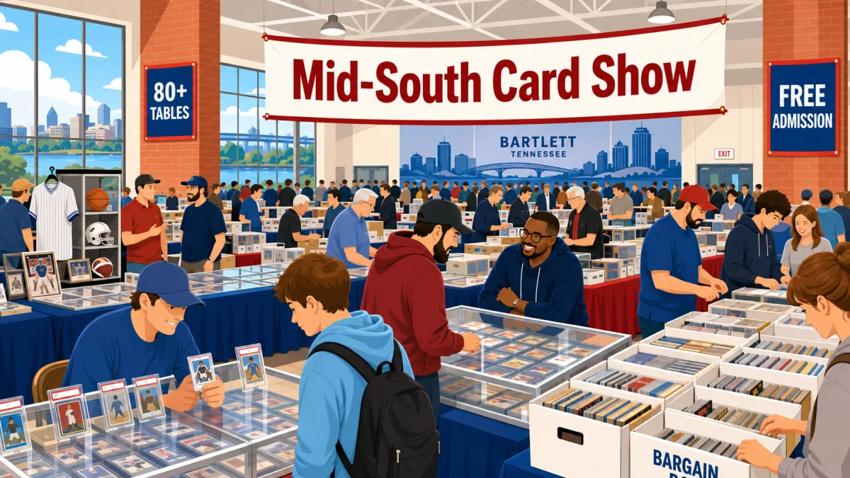 Illustrated collectors browse cards and memorabilia at vendor tables beneath a Mid-South Card Show banner with 80+ tables and free admission callouts.