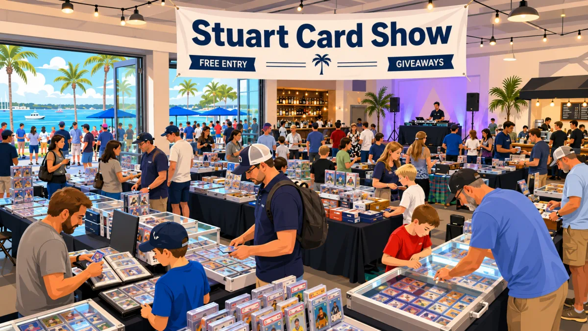 Stuart Card Show at a waterfront venue in Stuart, Florida, with collectors browsing lit display cases of graded cards and palm-lined marina views.