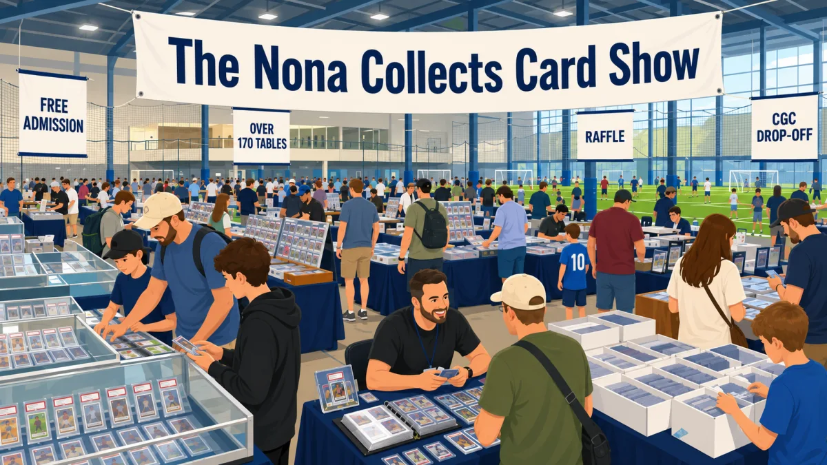 The Nona Collects Card Show fills an indoor turf sports complex with vendor tables, glass cases of graded cards, and crowds browsing displays.