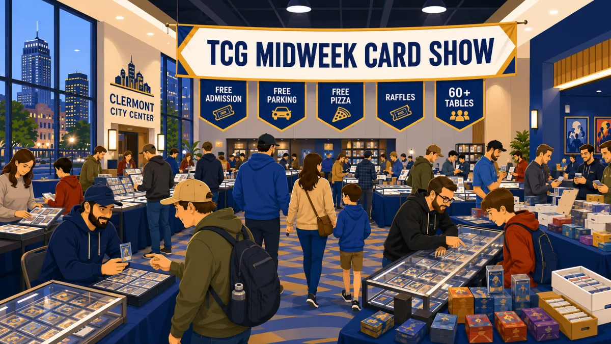 Collectors and families browse card tables, display cases, binders, and bargain boxes inside Clermont City Center beneath a TCG Midweek Card Show banner with free-admission and raffle callouts.