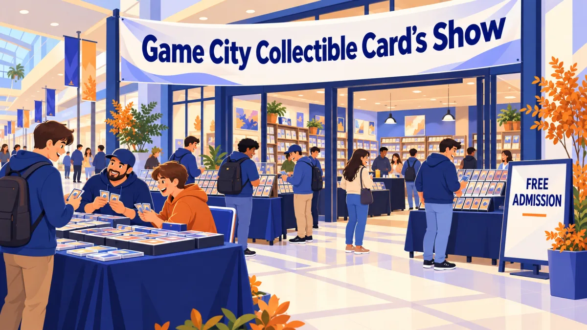 Collectors browse card displays and compare cards in a bright mall concourse beneath a Game City Collectible Card's Show banner and a free admission sign.