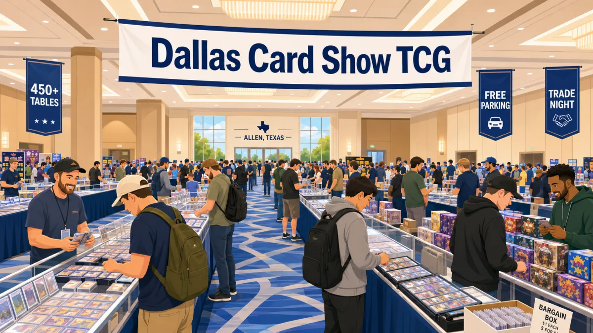 Dallas Card Show TCG at the Allen, Texas convention center, busy hall with collectors browsing graded card display cases, sealed booster boxes, and dollar bargain boxes