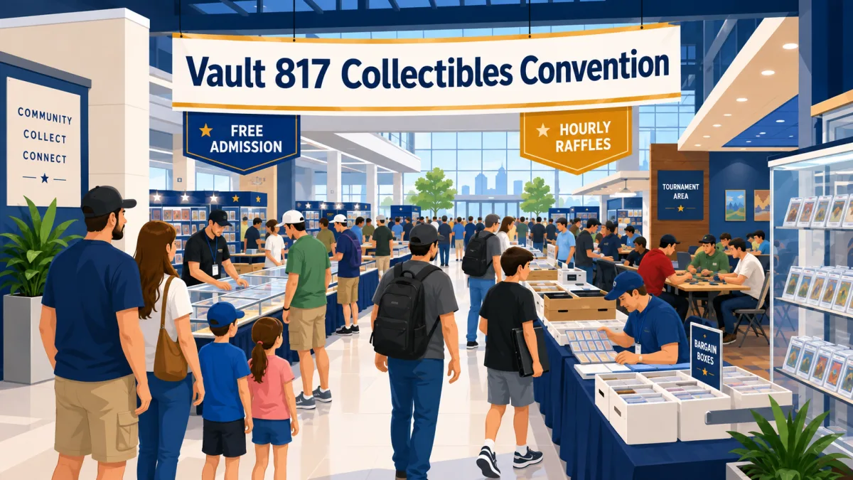 Illustration of collectors, families, vendors, and tournament players inside a conference center beneath a Vault 817 Collectibles Convention banner.