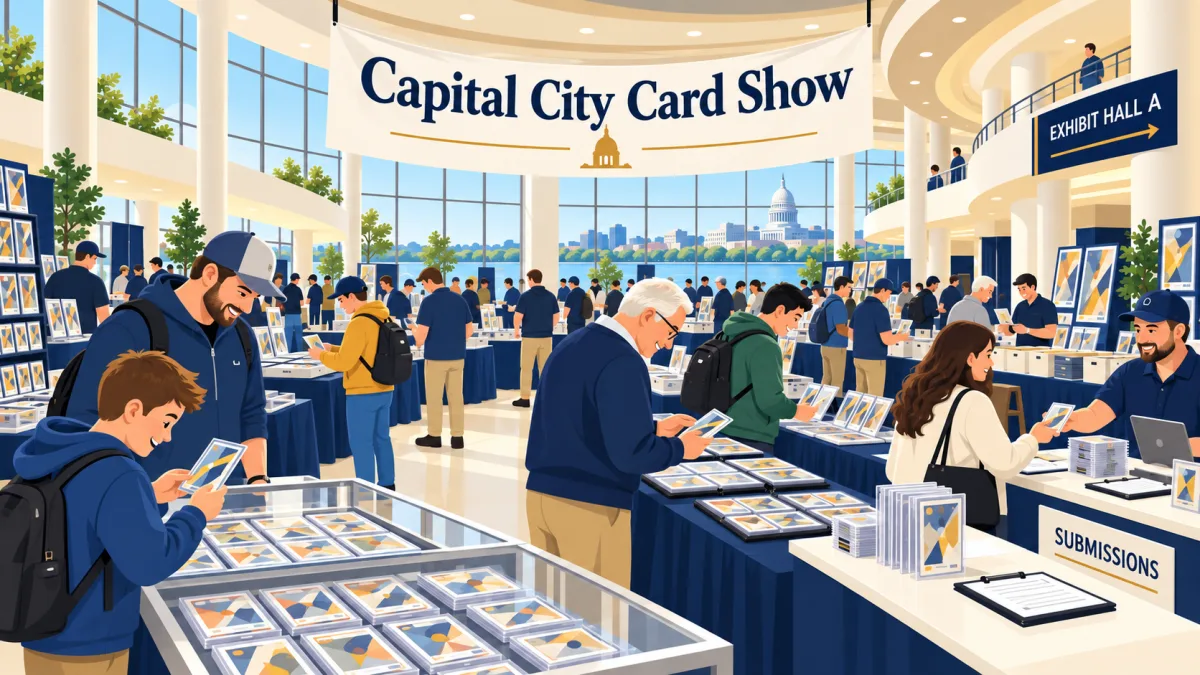 Collectors browse trading card tables and display cases beneath a Capital City Card Show banner in a bright convention hall. A small submission counter sits beside the vendor area.