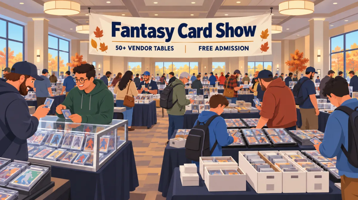 Illustrated Fantasy Card Show inside a Countryside banquet hall, with collectors browsing vendor tables beneath 50+ vendor tables and free admission signs.