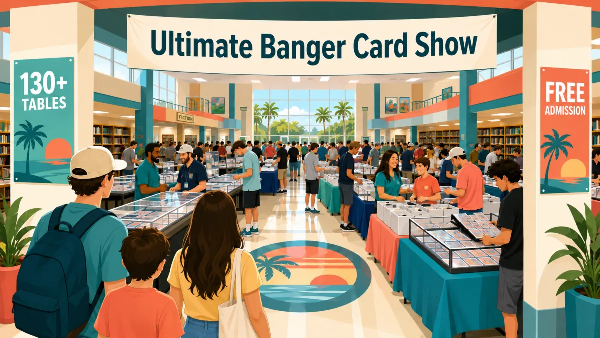 Illustration of collectors browsing card tables and display cases beneath an Ultimate Banger Card Show banner inside a bright school media center.