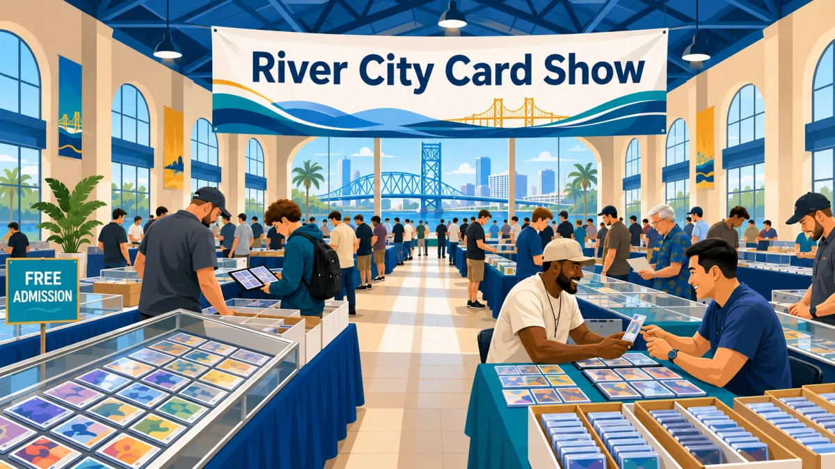 Illustration of collectors browsing card tables inside a Jacksonville fairgrounds hall beneath a River City Card Show banner.