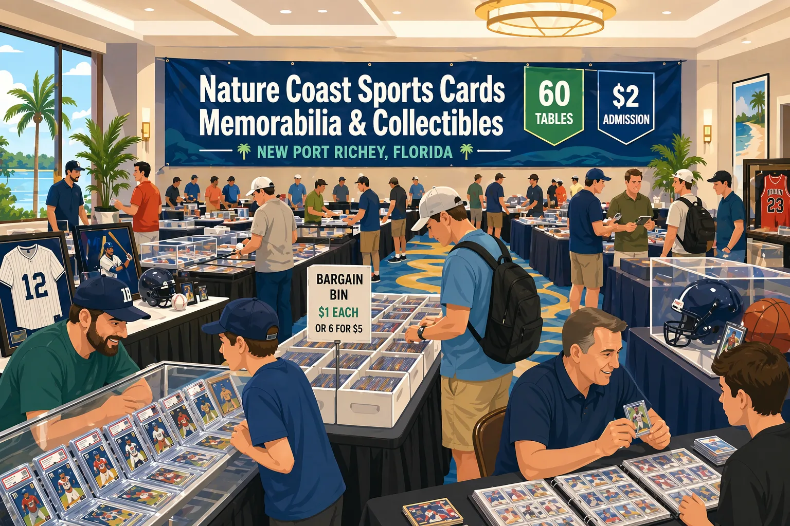 Illustration of the Nature Coast Sports Cards Memorabilia & Collectibles show in New Port Richey, Florida, inside a renovated hotel conference room with vendor tables, display cases, slabs, boxes, memorabilia, and collectors browsing.