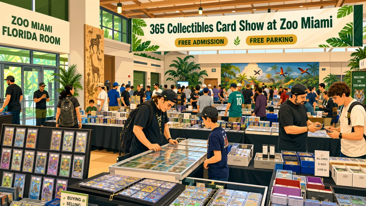 365 Collectibles Card Show at Zoo Miami's Florida Room, with vendors displaying graded slabs, $1 bargain boxes, and crowds browsing trade tables.