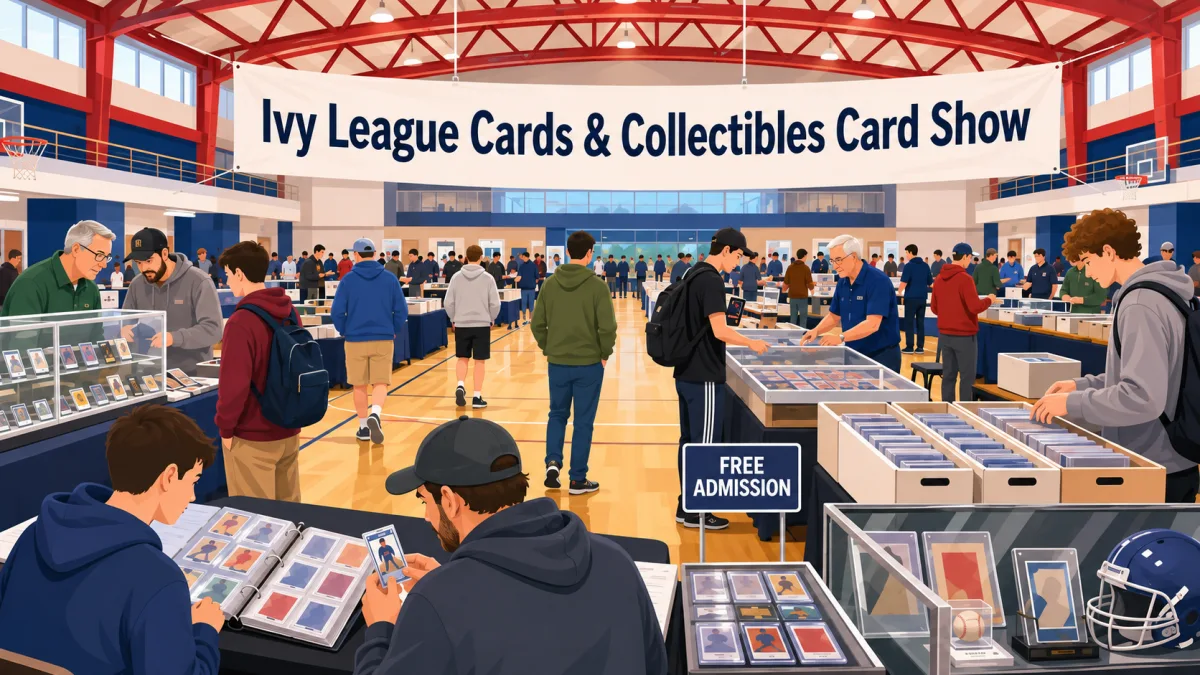 Illustration of collectors browsing card and memorabilia tables inside the Decatur Indoor Sports Center beneath an Ivy League Cards & Collectibles Card Show banner with a free-admission sign.