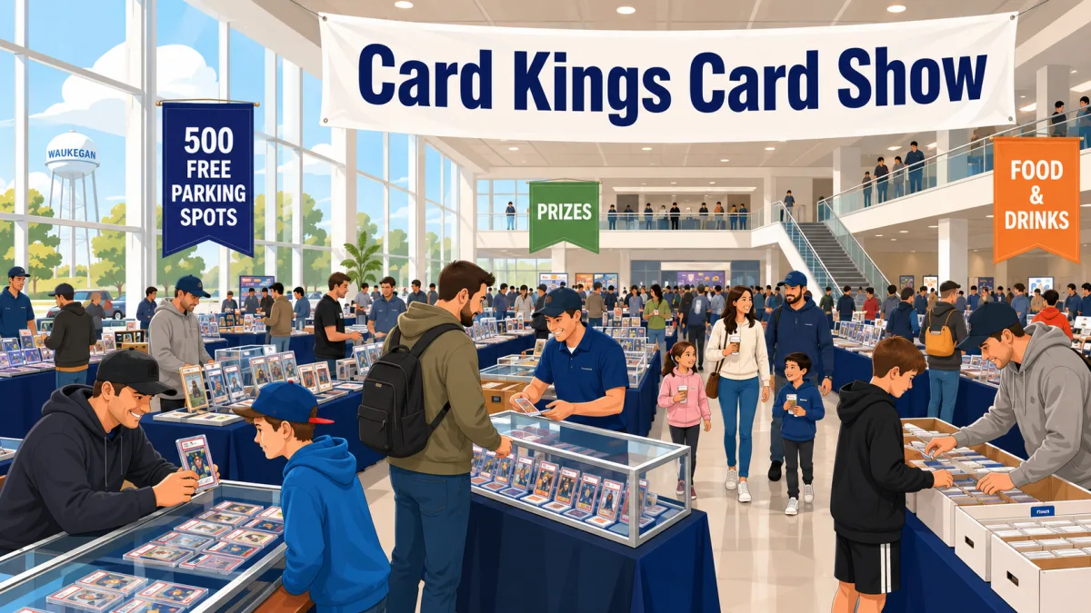 Card Kings Card Show in Waukegan, IL with collectors browsing graded slabs in glass display cases, blue vendor tables, and bargain box bins