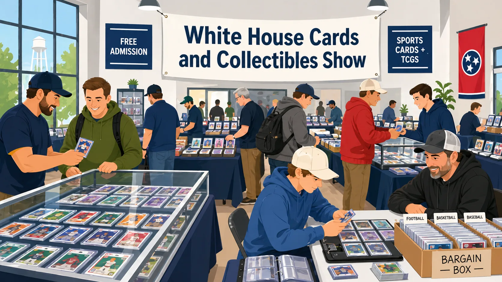 White House Cards and Collectibles Show in White House, TN with graded sports card display cases, dealer tables, and bargain bins sorted by sport.