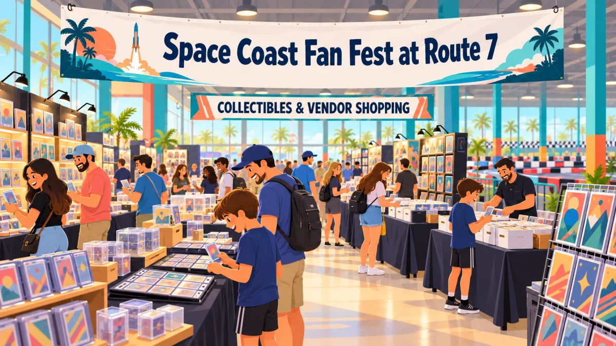 Collectors browse trading cards, comics, and collectible displays beneath a Space Coast Fan Fest at Route 7 banner inside an indoor entertainment venue. A kart-track barrier appears in the background.