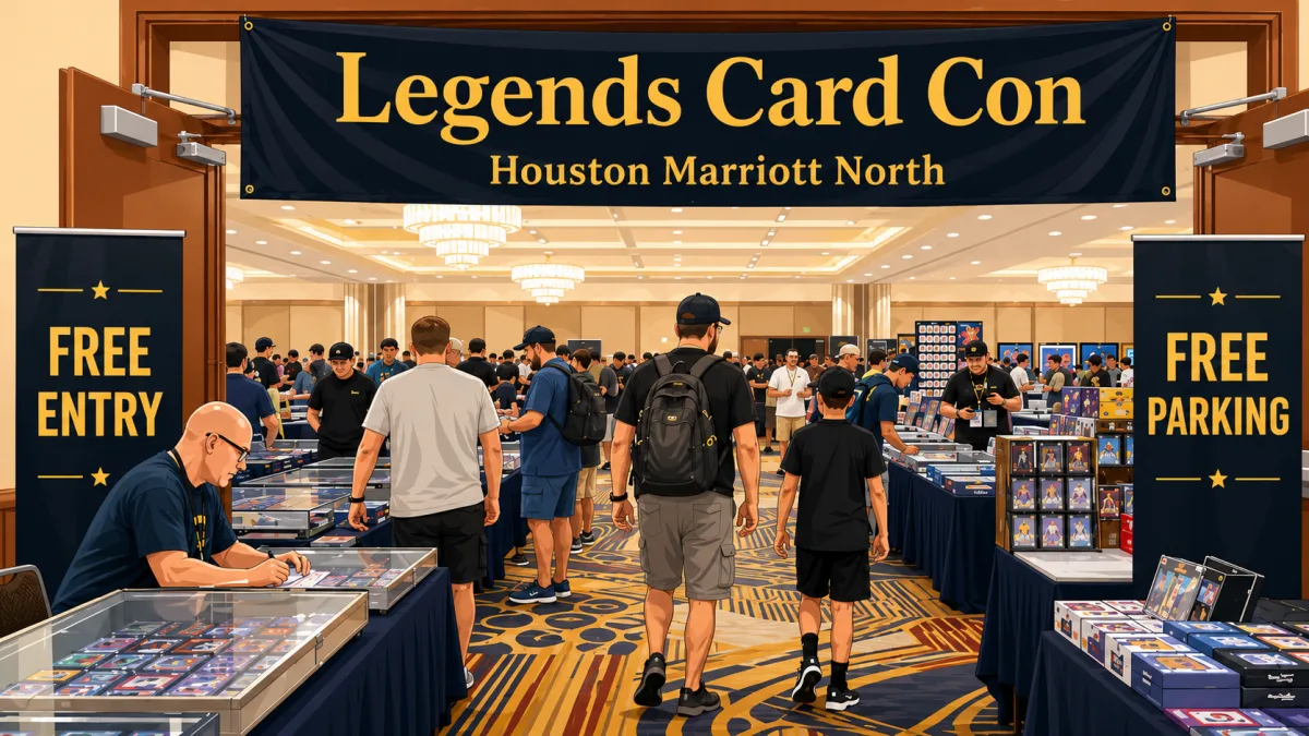 Legends Card Con entrance at Houston Marriott North, with crowds browsing glass display cases of graded slabs and vendor tables of sealed product under chandeliers.