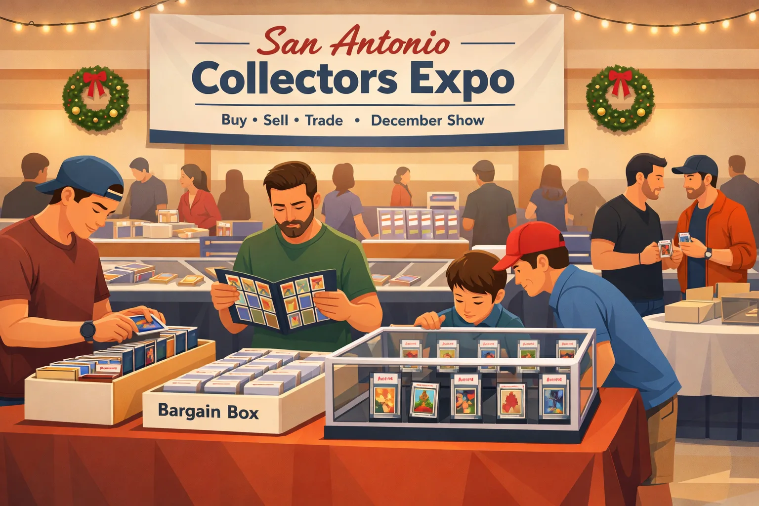 San Antonio Collectors Expo in San Antonio, Texas during the December 2026 show, featuring collectors browsing sports cards, Pokémon binders, bargain boxes, and display cases inside a bright event hall with warm holiday accents.