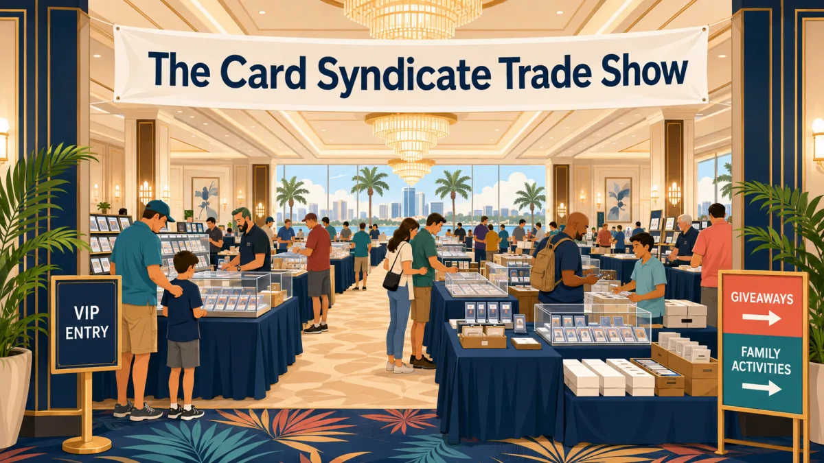 Illustration of collectors and families browsing card tables beneath a banner for The Card Syndicate Trade Show in a Tampa hotel ballroom.