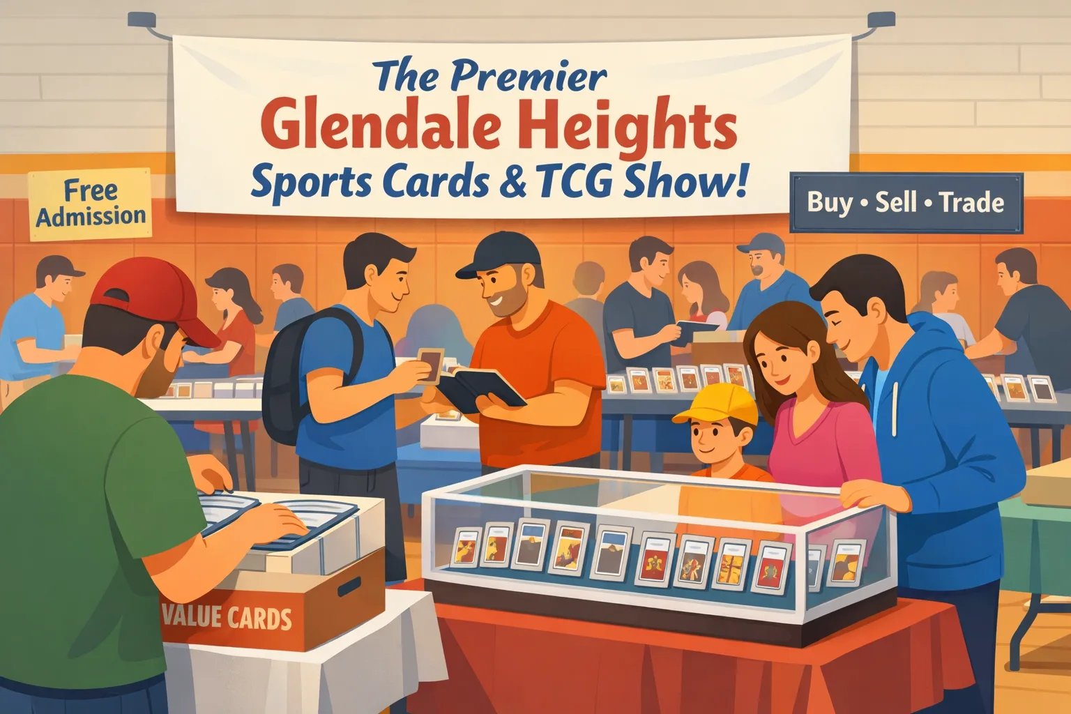 The Premier Glendale Heights Sports Cards & TCG Show! in Glendale Heights, Illinois, inside a school gym with vendor tables, glass display cases, slabs, bargain boxes, and collectors browsing, trading, and a mom, dad, and son looking into a glass case.