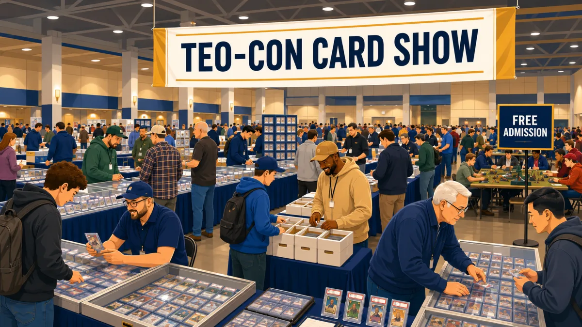 Illustration of collectors browsing card tables inside the Farm Bureau Exposition Center beneath a TEO-CON Card Show banner.