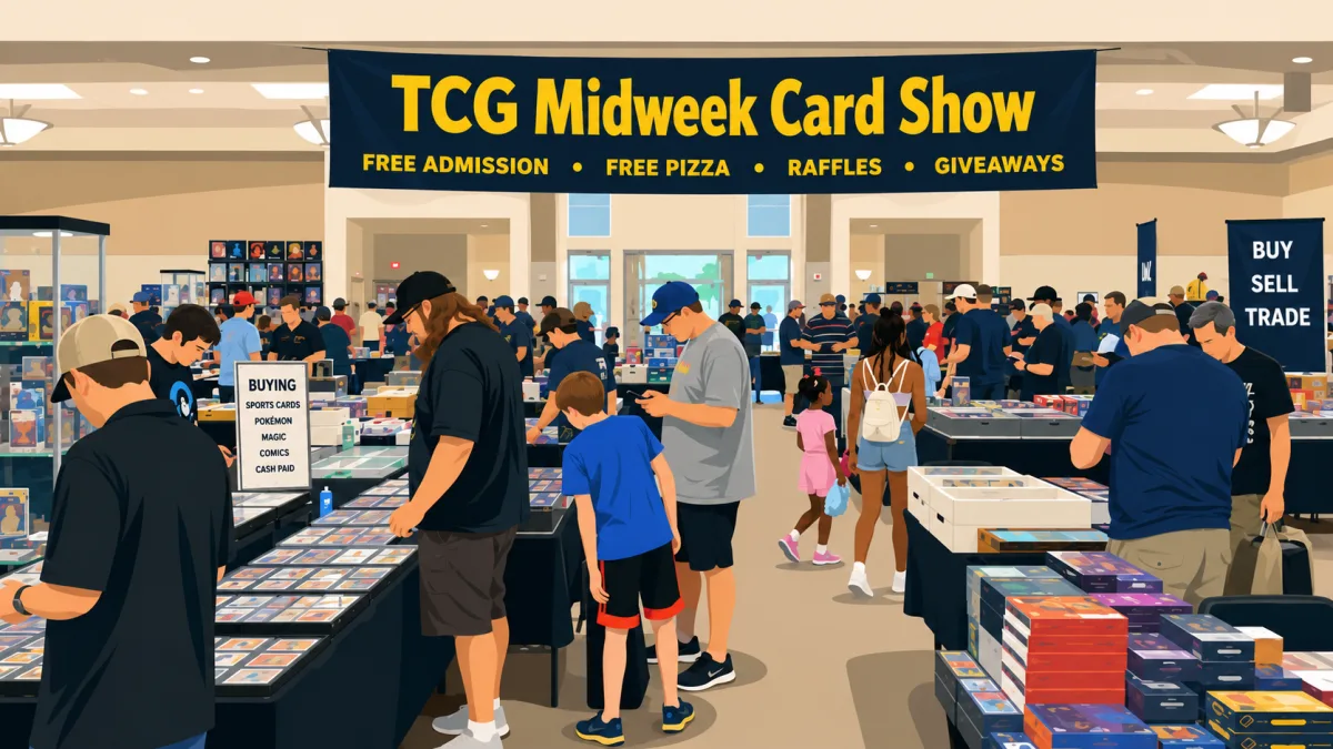 TCG Midweek Card Show floor packed with vendors and collectors browsing Pokémon, Magic, and sports cards, with buy/sell/trade signage and booster boxes throughout.