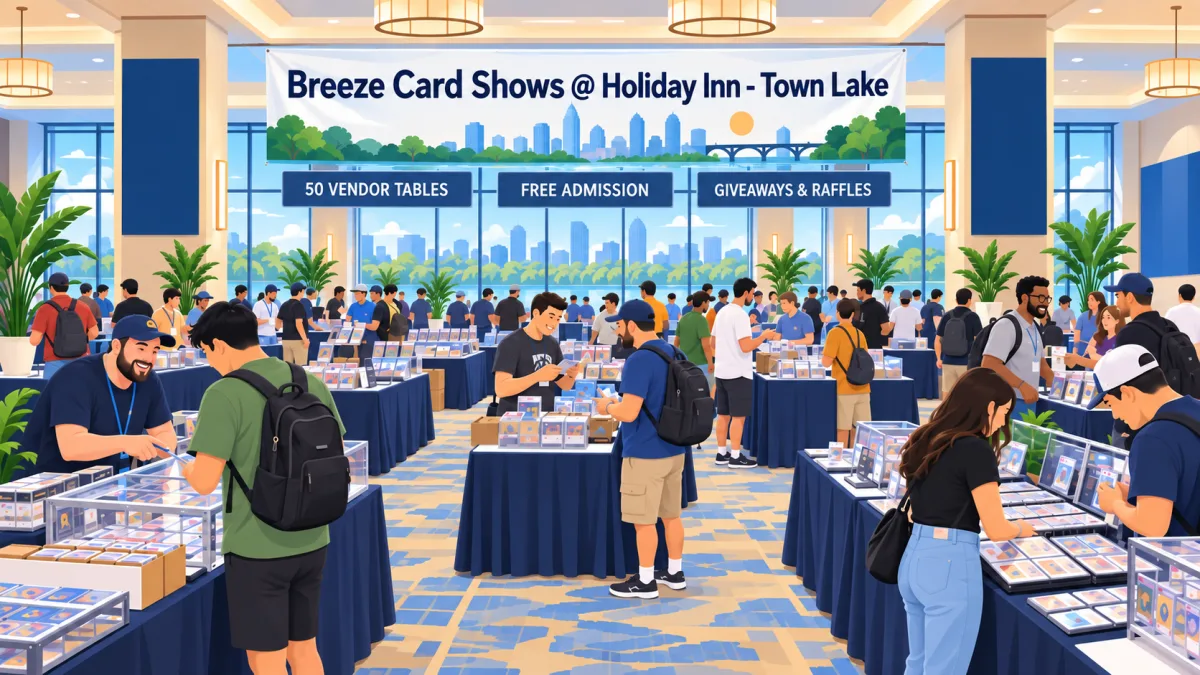 Illustrated Austin hotel ballroom filled with card-show vendor tables and collectors beneath a Breeze Card Shows at Holiday Inn Town Lake banner.