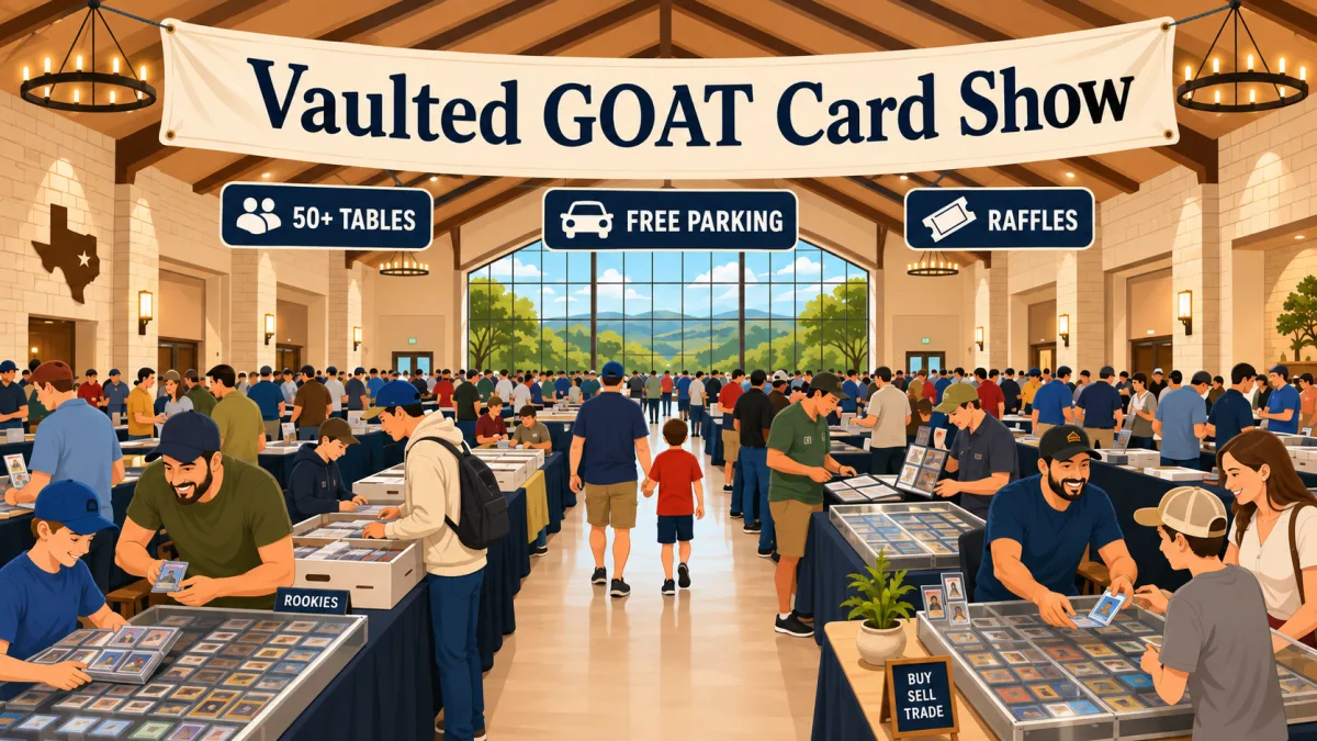 Families and collectors browse card tables inside a spacious event hall beneath a Vaulted GOAT Card Show banner with 50+ tables, free parking, and raffles callouts.