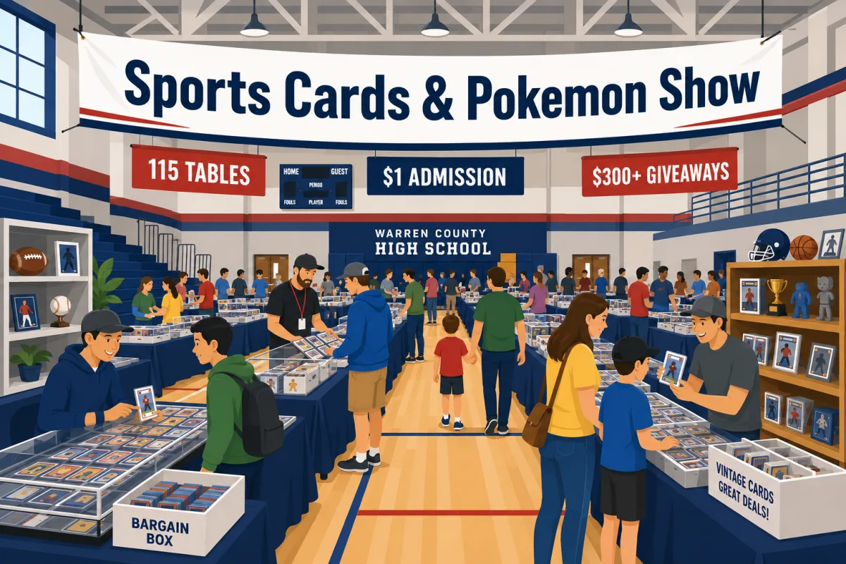 Sports Cards & Pokemon Show at Warren County High School gym, with 115 vendor tables, $1 admission banner, bargain box and vintage card displays.