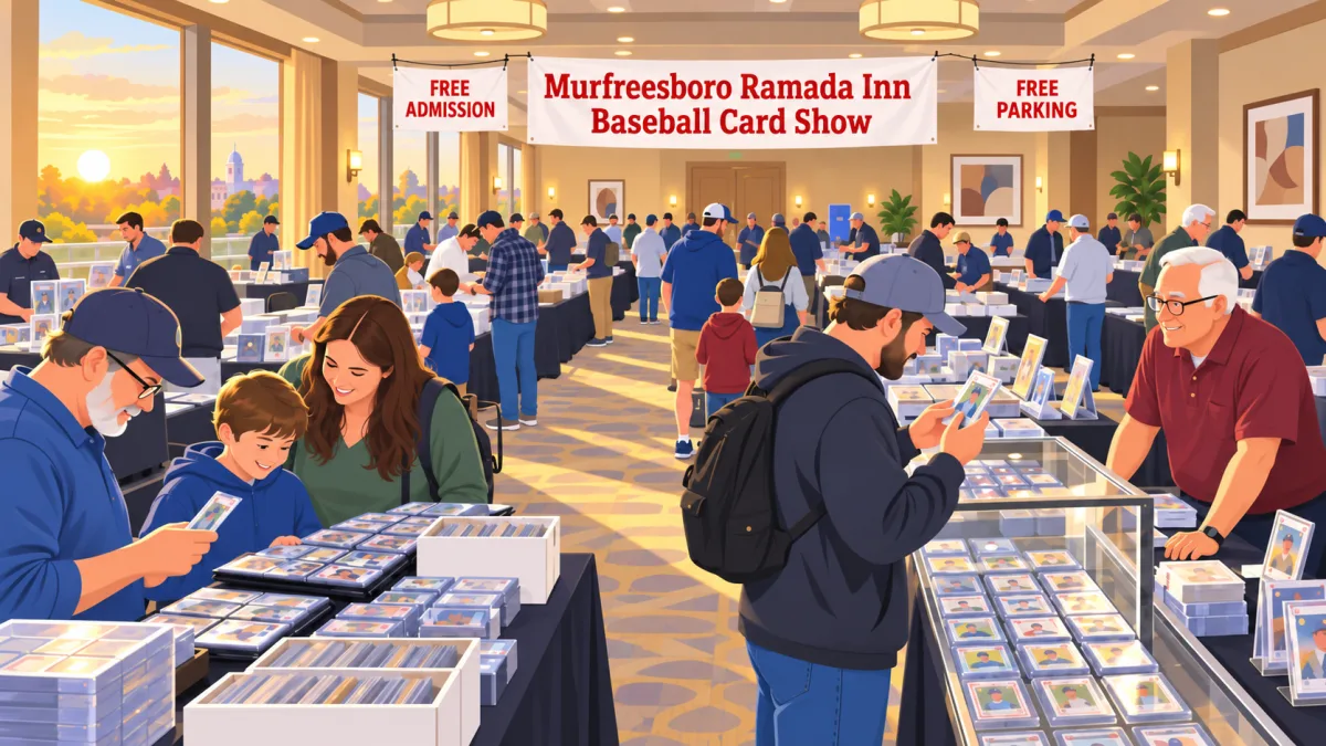 Collectors browse sports card tables in an early-morning hotel meeting room beneath a Murfreesboro Ramada Inn Baseball Card Show banner with free-admission and free-parking callouts.