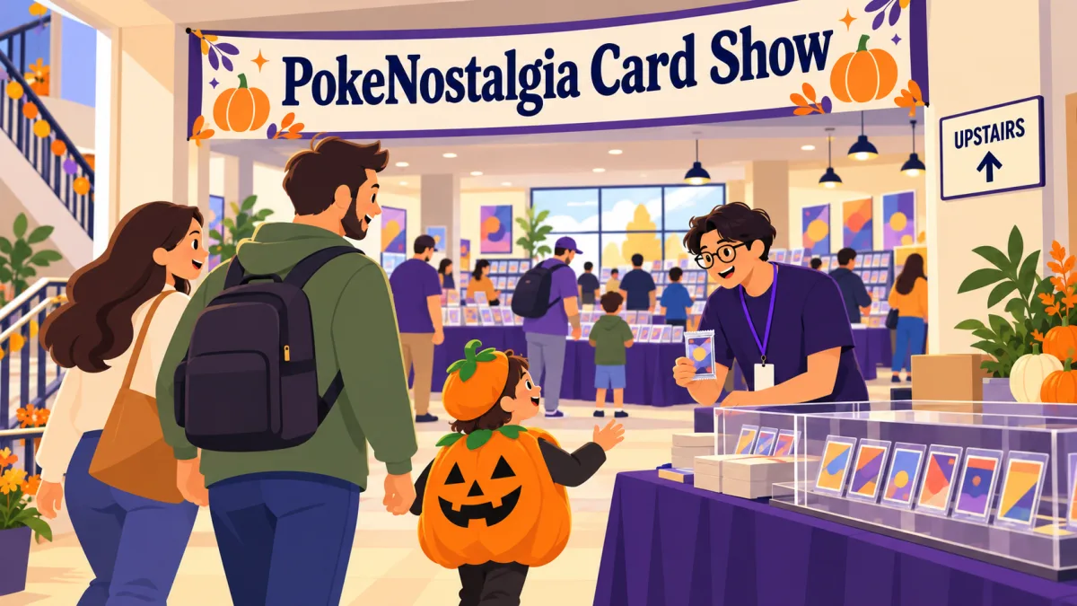 Families and collectors enter an upstairs card show beneath a PokeNostalgia Card Show banner. A child in a pumpkin costume approaches a staff member holding a card pack beside rows of vendor tables.