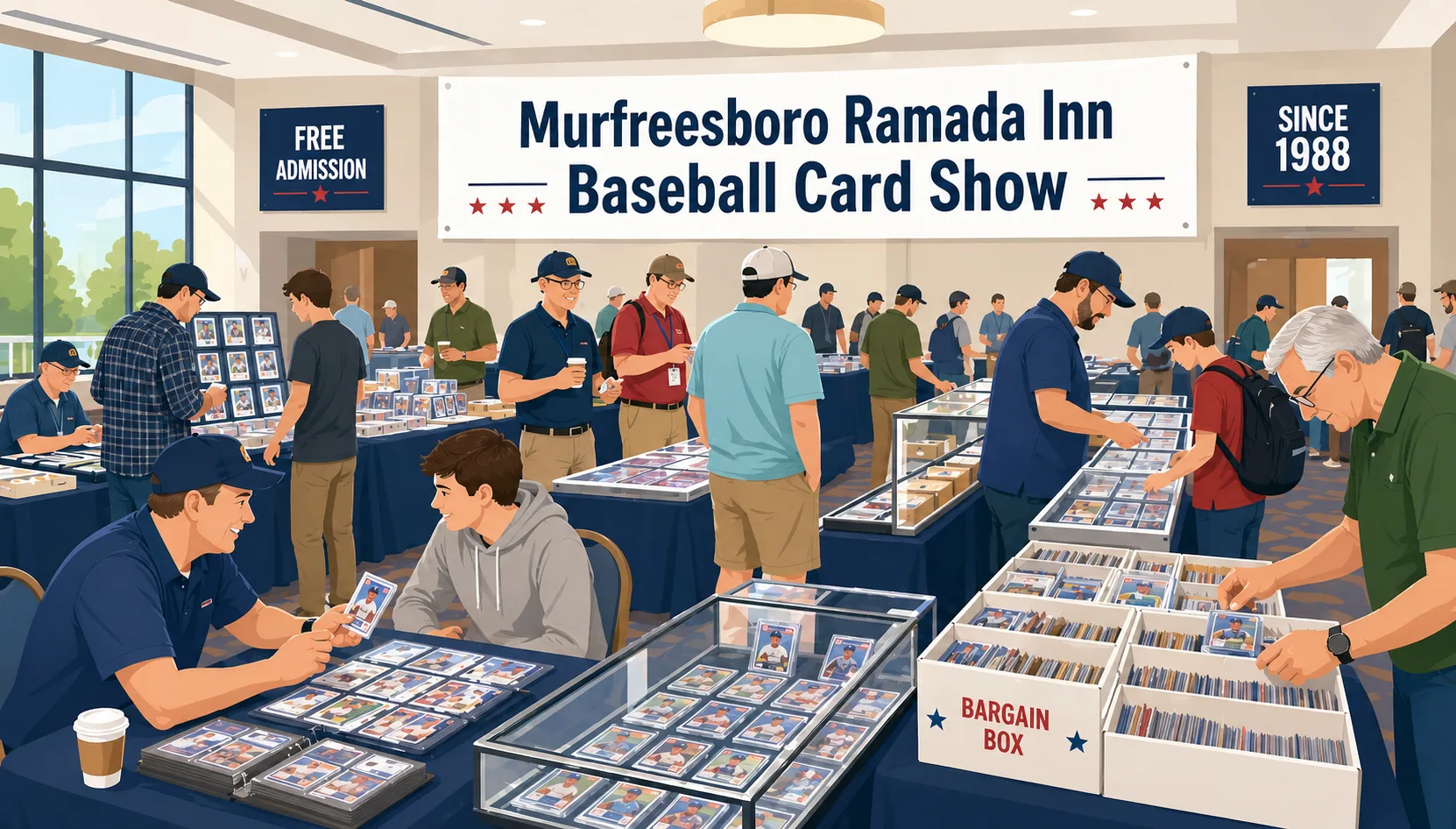 Murfreesboro Ramada Inn Baseball Card Show: collectors browsing glass display cases, bargain box bins, and crowded ballroom tables under the event banner.