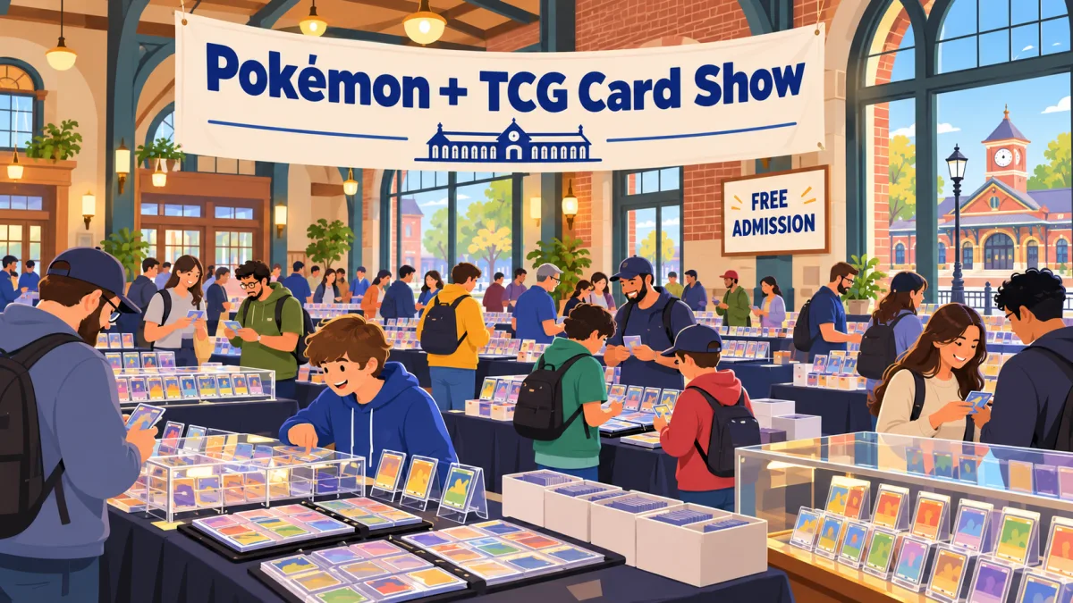 Illustration of collectors browsing trading-card tables inside a Crystal Lake train-station event room beneath a Pokémon + TCG Card Show banner.