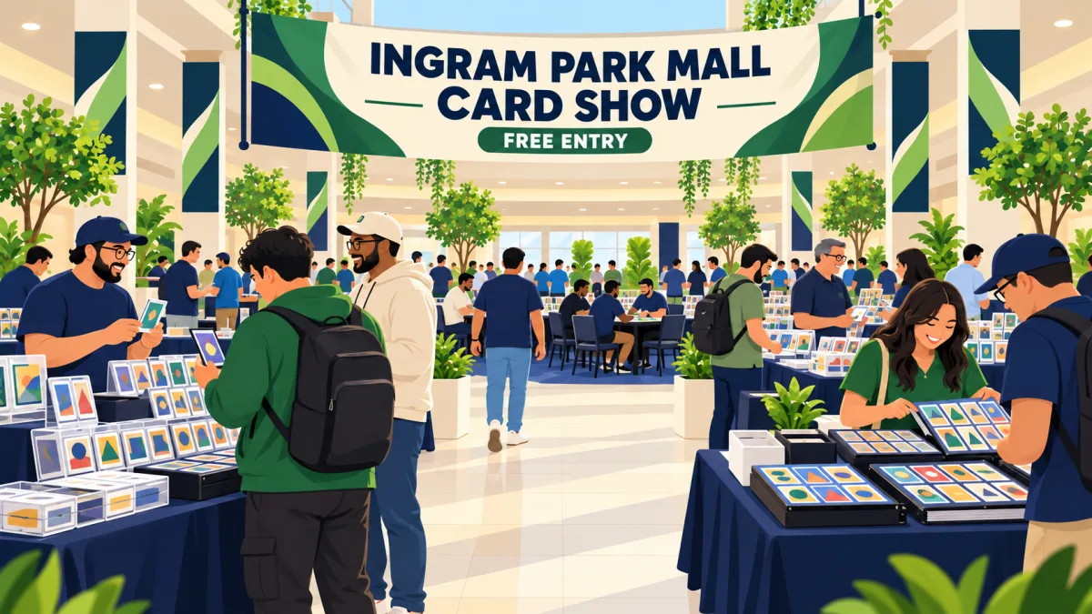 Collectors browse card tables and chat in a bright indoor mall concourse beneath an INGRAM PARK MALL CARD SHOW banner. A small tournament area sits behind the vendor tables.