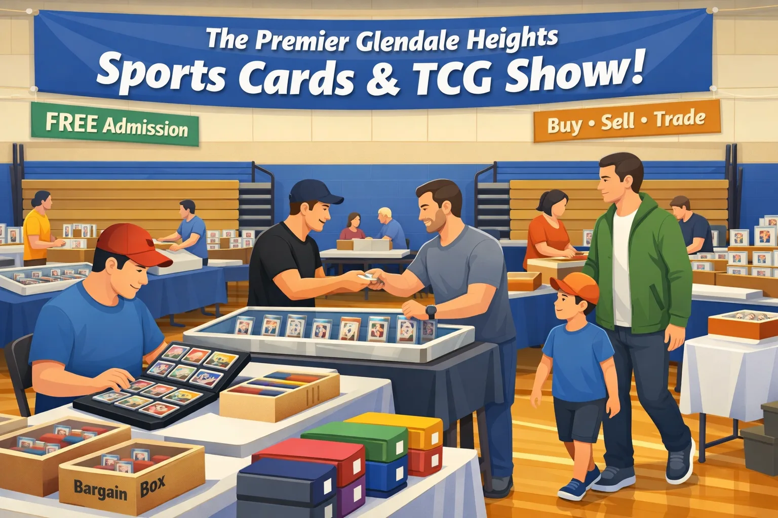 Hero illustration of The Premier Glendale Heights Sports Cards & TCG Show! in Glendale Heights, featuring a school gym with vendor tables, sports cards, Pokémon binders, display cases, graded slabs, and collectors trading.