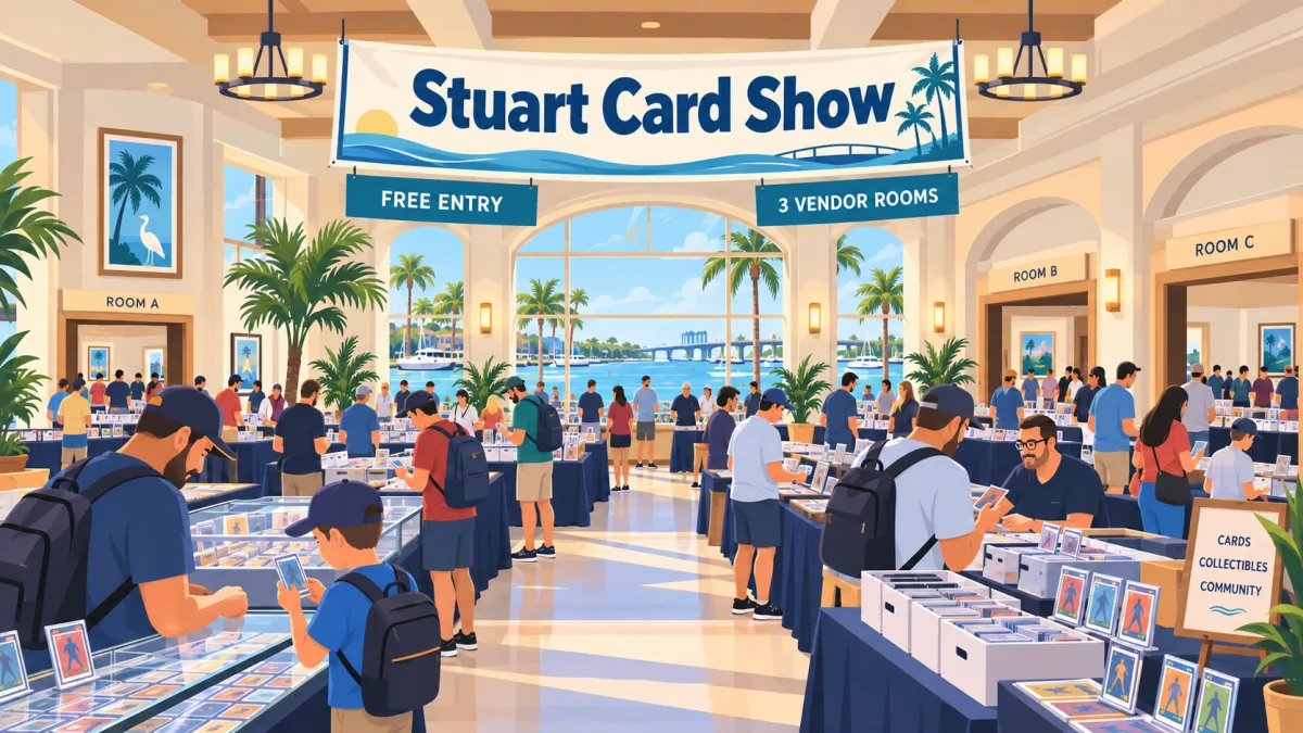 Illustration of collectors browsing card displays across the Stuart Card Show, with an in-venue banner noting free entry and three vendor rooms.