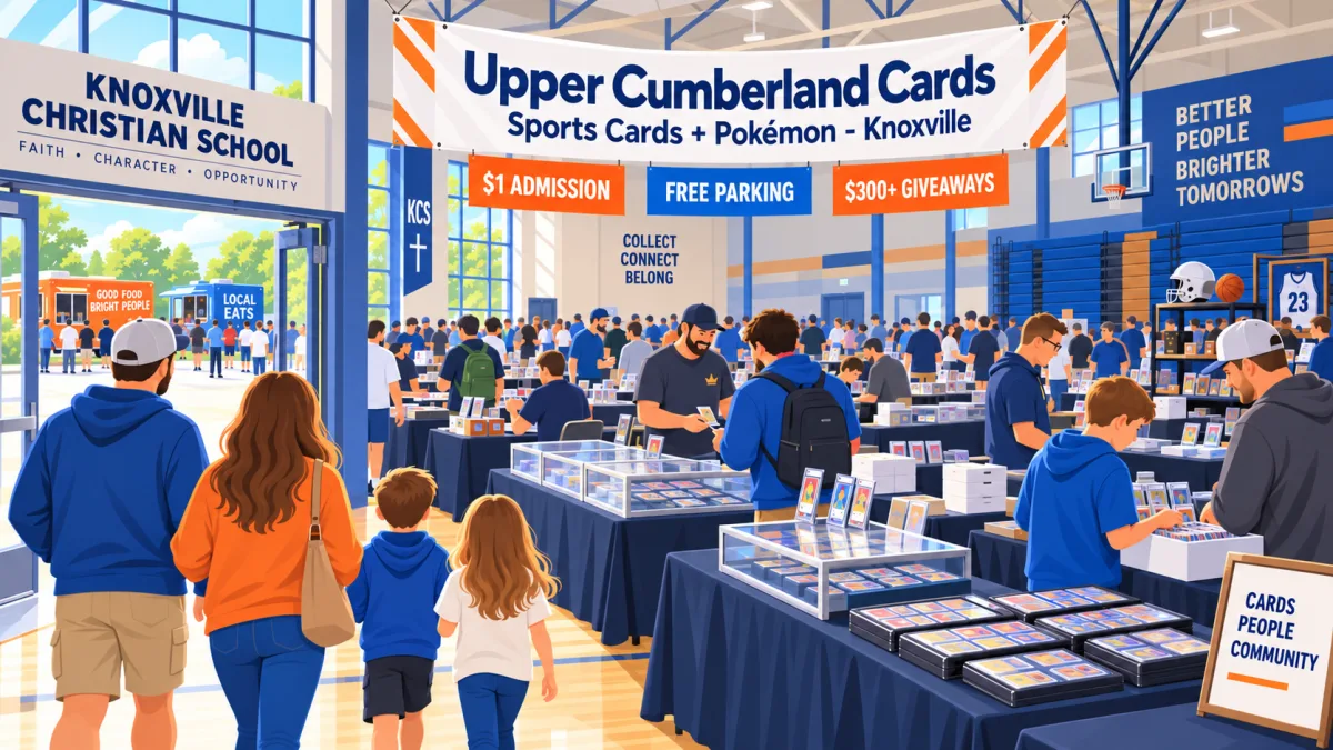 Illustration of families and collectors browsing card tables inside a school gym beneath an Upper Cumberland Cards Sports Cards + Pokémon - Knoxville banner.