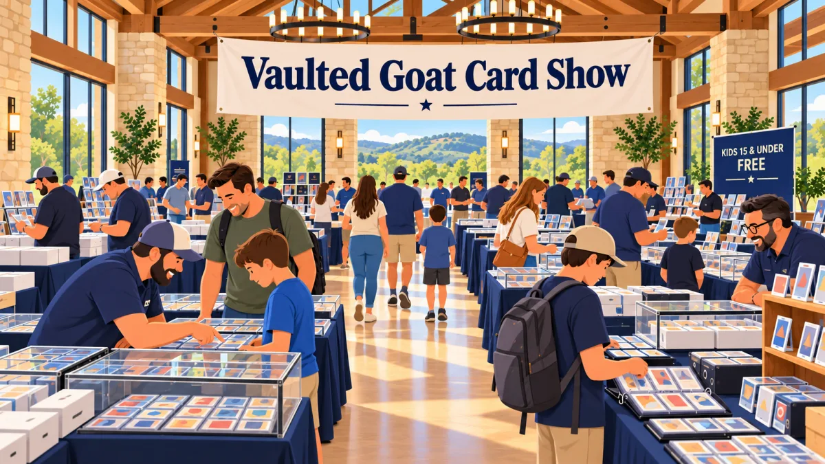 Collectors and families browse trading-card tables and display cases inside a bright event hall beneath a Vaulted Goat Card Show banner.