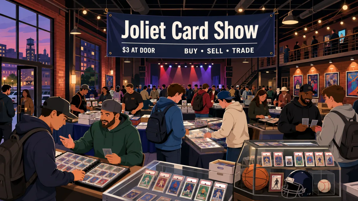 Joliet Card Show inside a brick venue with crowds browsing glass cases of graded slabs, sports card binders, and basketball, football, and baseball memorabilia.
