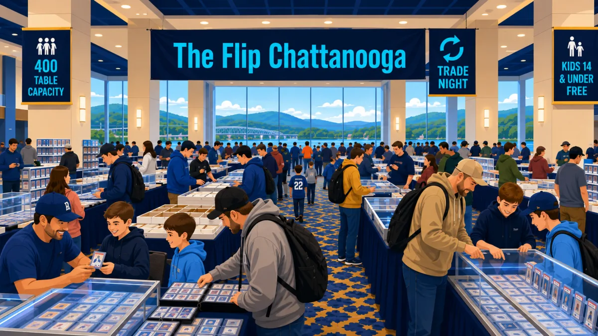 Illustration of families and collectors browsing card and collectibles tables inside the Chattanooga Convention Center beneath a The Flip Chattanooga banner.