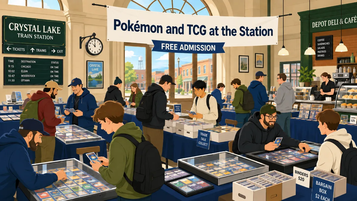 Collectors browse card tables, display cases, binders, and slabs inside a bright Crystal Lake deli and train-station setting beneath a Pokémon and TCG at the station banner with a free admission callout.