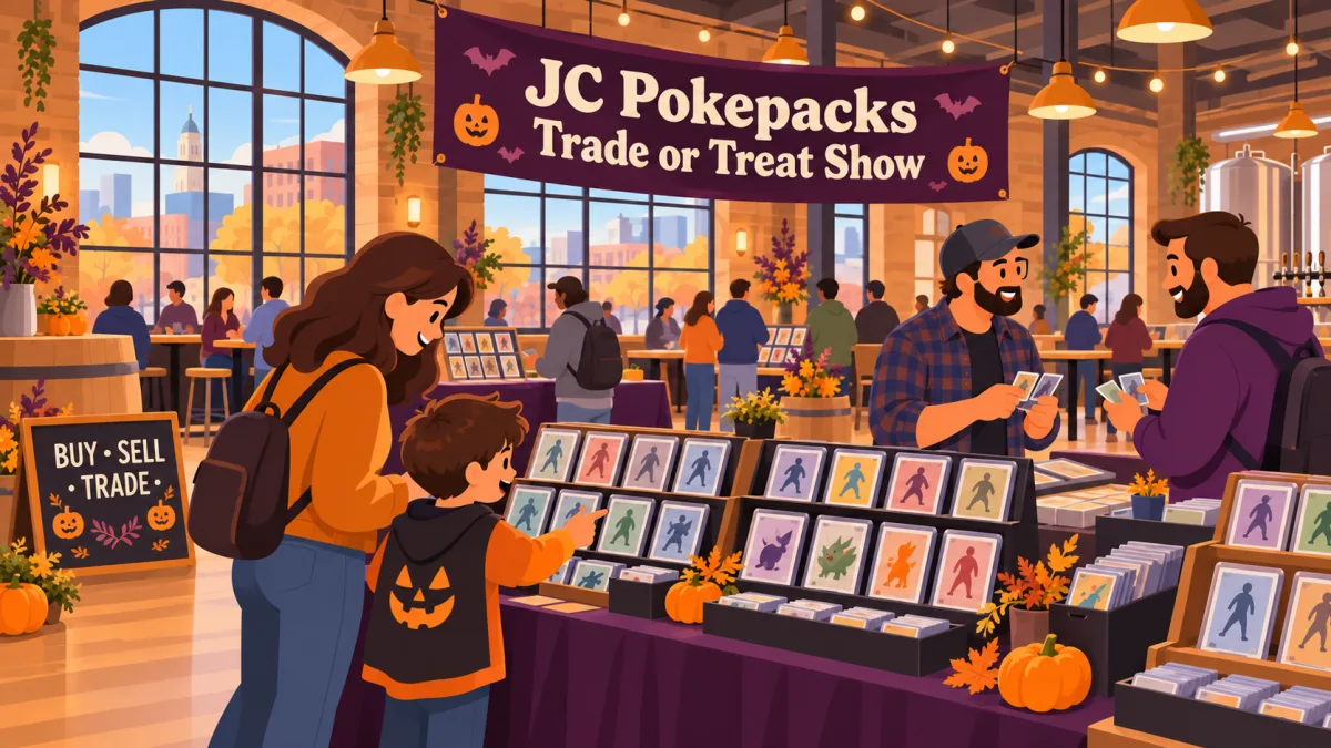 Families and collectors browse card displays beneath a JC Pokepacks Trade or Treat Show banner in a warmly lit brewery-style venue decorated with pumpkins.