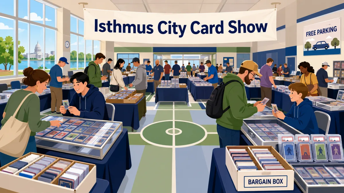 Illustrated card show inside a bright school cafeteria, with collectors browsing vendor tables beneath an Isthmus City Card Show banner.