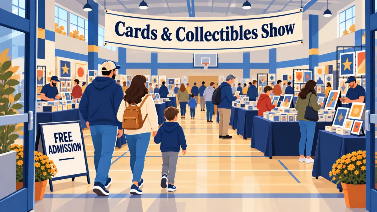 Collectors and families browse trading cards, comics, and memorabilia at rows of vendor tables inside a community fitness facility. A Cards & Collectibles Show banner hangs above the aisles beside a free admission sign.