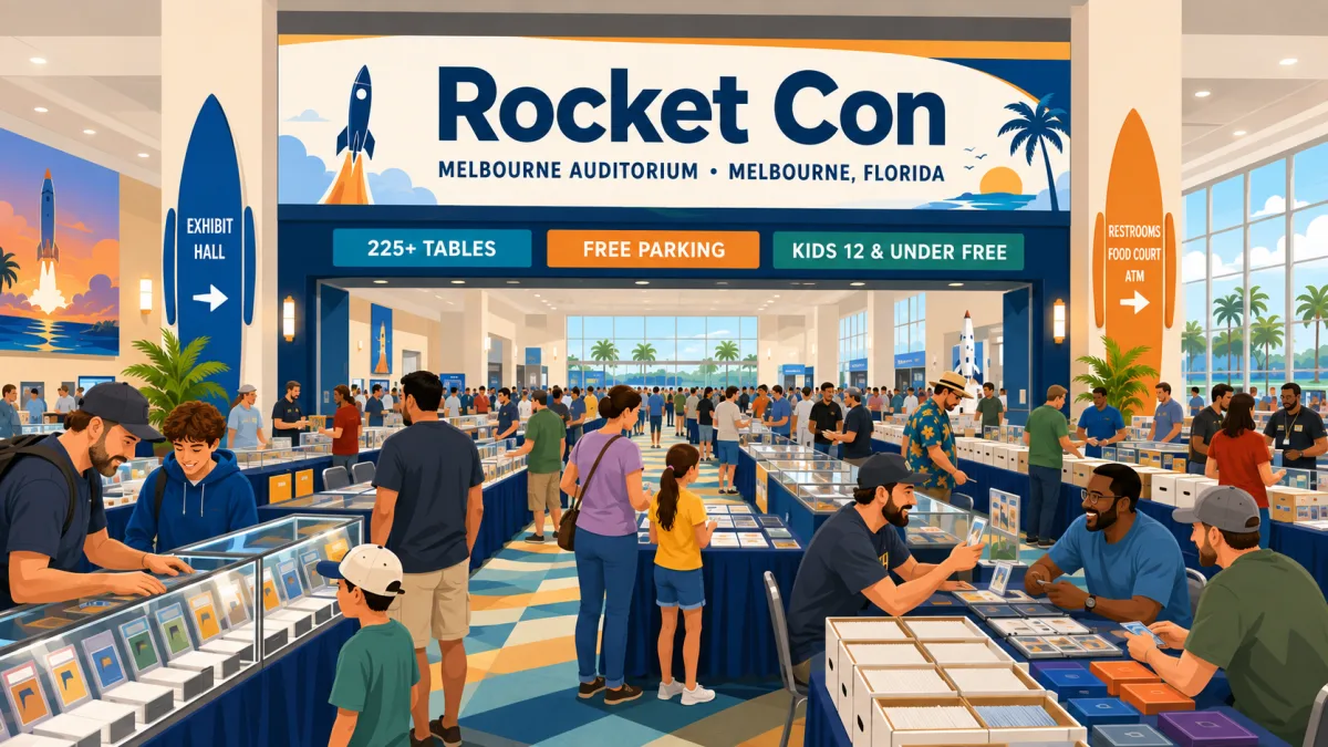 Illustrated Rocket Con show floor inside Melbourne Auditorium, with collectors browsing card tables beneath a banner highlighting 225+ tables and free parking.