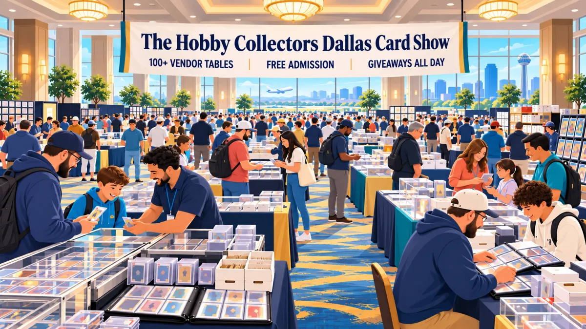 illustration of collectors browsing rows of card and collectible tables beneath a The Hobby Collectors Dallas Card Show banner inside an Irving hotel ballroom.