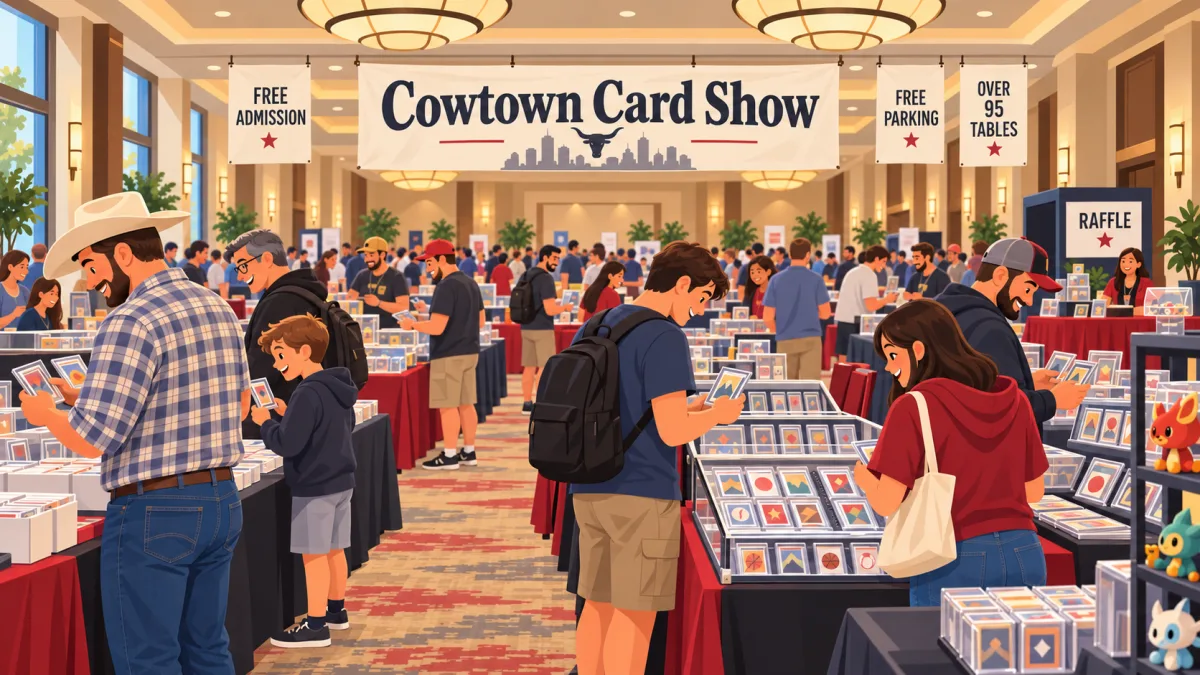 Collectors browse cards, display cases, and collectible toys at vendor tables inside a Fort Worth hotel event room. A Cowtown Card Show banner hangs above the floor beside signs for free admission and parking.