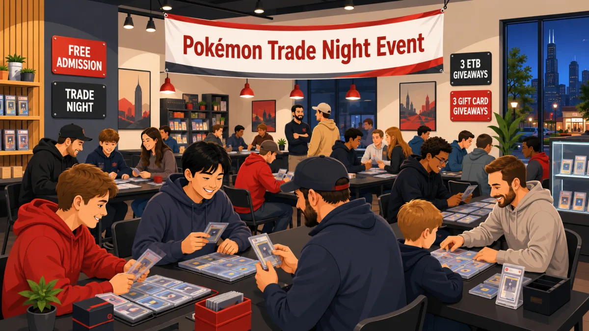Collectors browse binders and trade cards around tables beneath a Pokémon Trade Night Event banner with free-admission and giveaway callouts inside Redemption Vault.