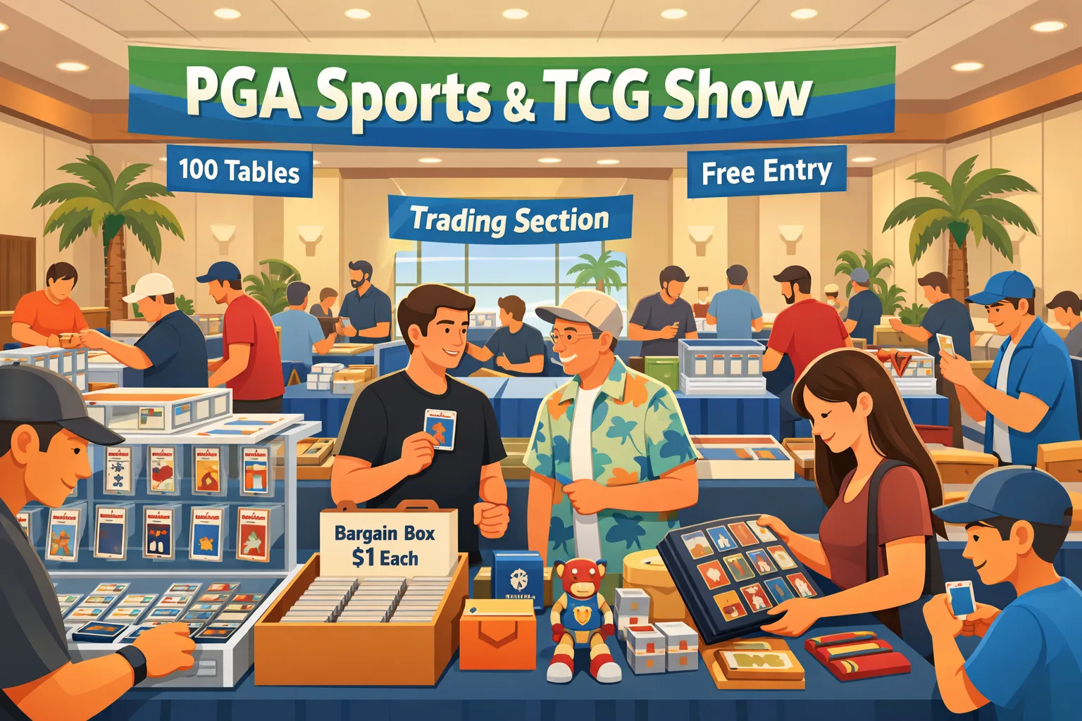 Illustration of the PGA Sports & TCG Show in Palm Beach Gardens, Florida, inside a busy hotel ballroom with vendor tables, sports card slabs, Pokémon binders, One Piece cards, display cases, and collectors trading.