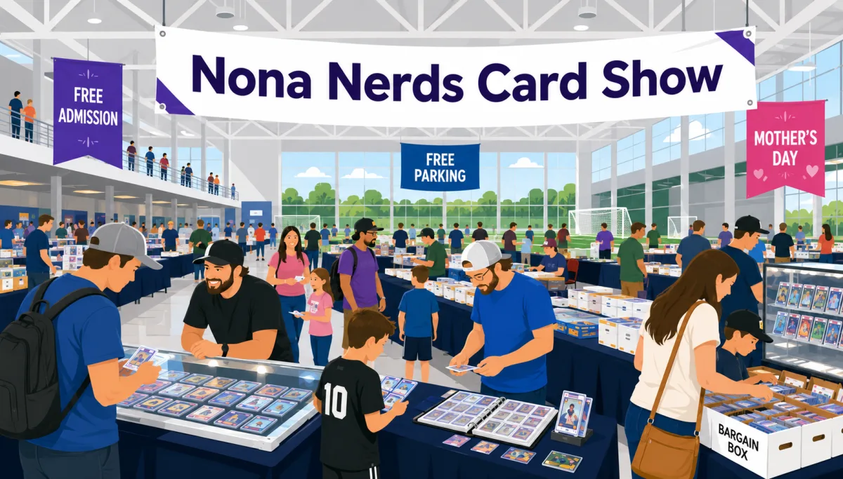 Nona Nerds Card Show inside an indoor sports complex, with collectors browsing graded card cases, vendor tables, and a Mother's Day bargain box.