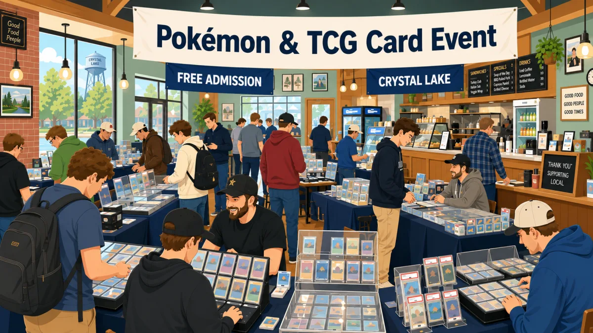 Pokemon and TCG Card Event at a Crystal Lake coffee shop, collectors browsing graded card display cases and vendor tables under a free admission banner
